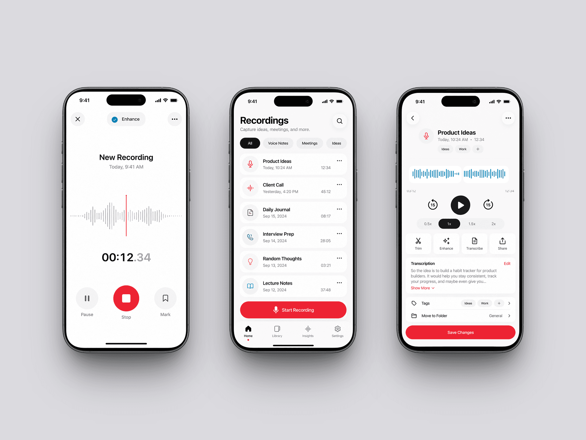 Voice Recording & Transcription app screens
